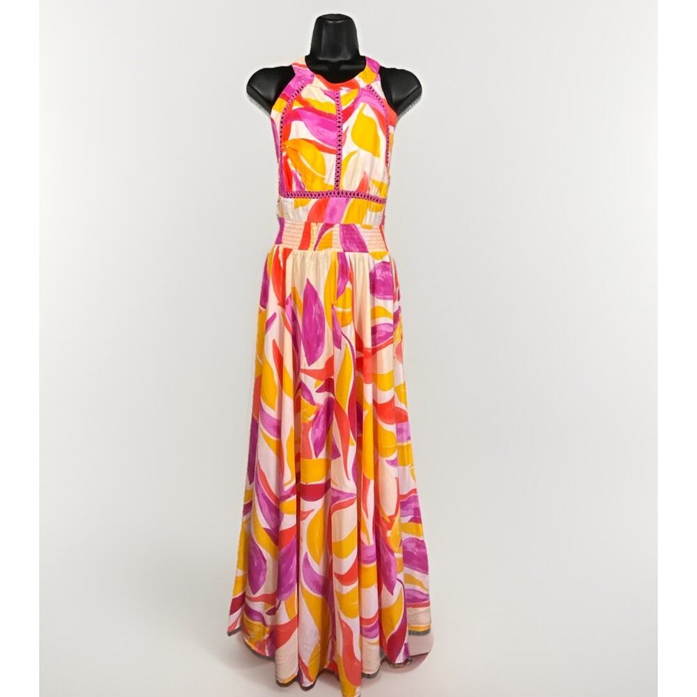 Abel The Label Anthropologie Rumi Womens Pink & Orange Halter Maxi Dress Medium